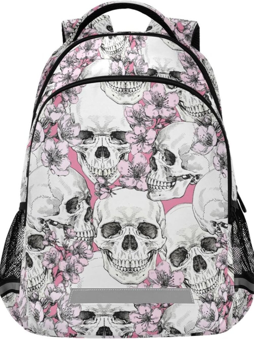 School Backpack with Chest Strap, Halloween Skull Flowers And Pink Cherries Lapt